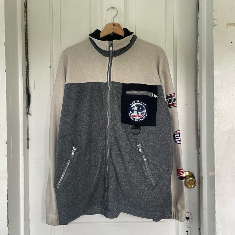 Southpole Racing Varsity Jacket Mens M Full Zip Grey Beige Black Rare Streetwear